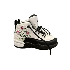 Jordan Retro High-Top - White/Black with Red Floral Embroidery - Kids US 12C
